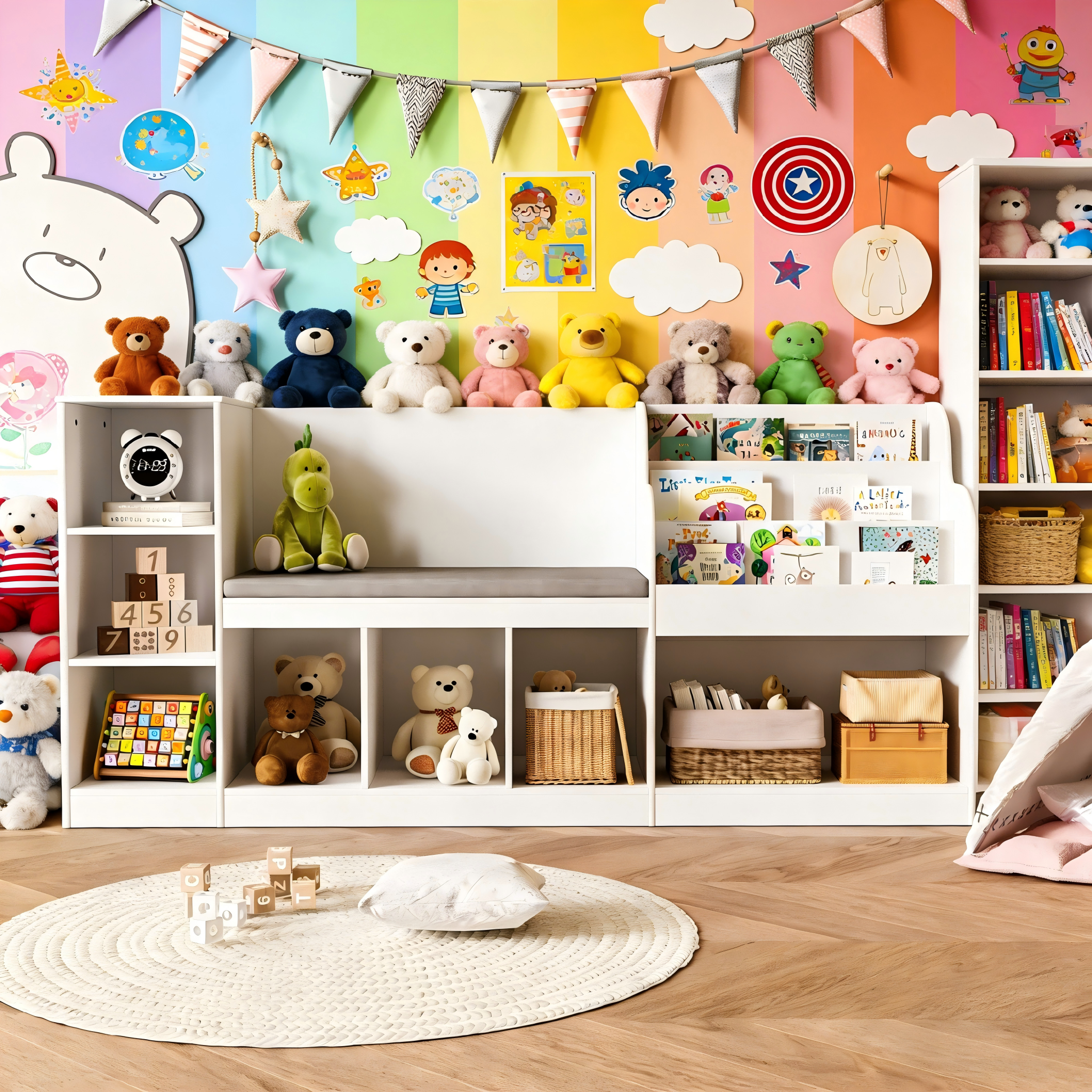 Lofka Kids Bookshelf with Reading Nook & Toy Storage - 3-Tier Bookshelf, 7 Cube Organizer, Double Seat & Anti-Tip Design - Perfect Children’s Bookcase & Playroom Furniture (White)