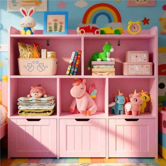 Lofka Kids Toy Storage Organizer & Bookcase, 3 Movable Drawers & 6 Open Shelves, Multi-Functional Kids Cabinet for Nursery, Playroom & Bedroom, Pink