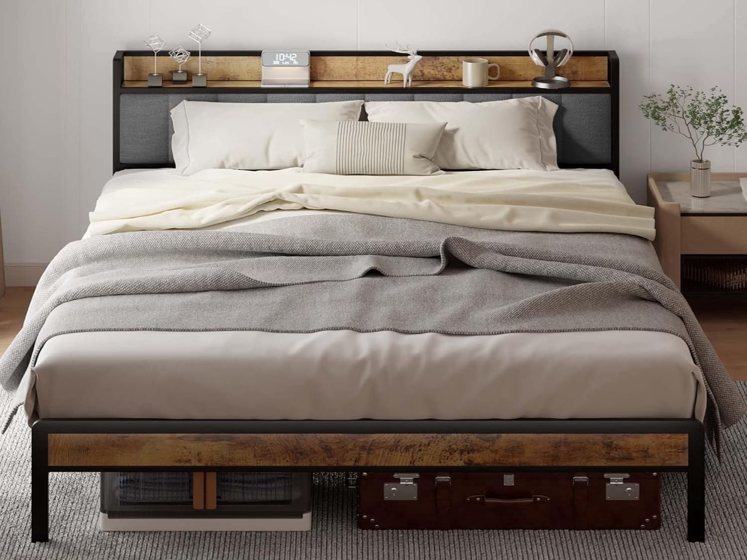 Lofka King Size Bed Frame with Storage Headboard, Sturdy Metal Support, Quiet Design, and Ample Under-Bed Storage, No Box Spring Needed，Easy Assembly