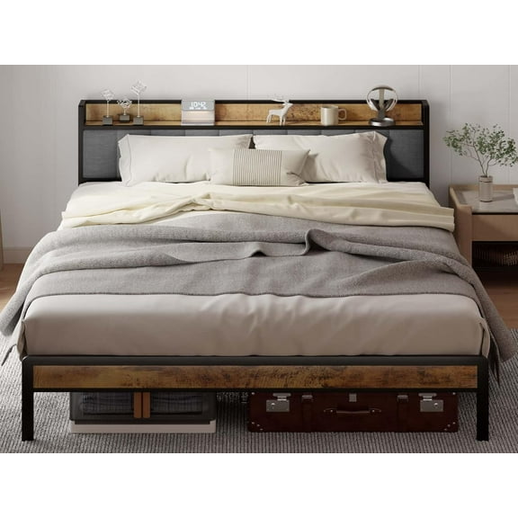 Lofka King Size Bed Frame with Storage Headboard, Sturdy Metal Support, Quiet Design, and Ample Under-Bed Storage, No Box Spring Needed,Easy Assembly
