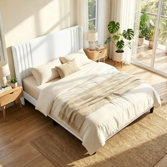 Full Bed Frame with Wingback Headboard, Lofka Upholstered Platform Bed with Modern Headboard, Wooden Slats, Noise-Free, No Box Spring Needed, White