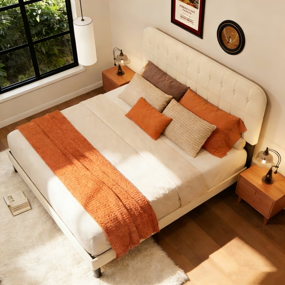 King Bed Frame and Headboard, Lofka King Platform Bed Frame with Sturdy Wooden Slats Support, Noise Free/Easy Assembly, Beige