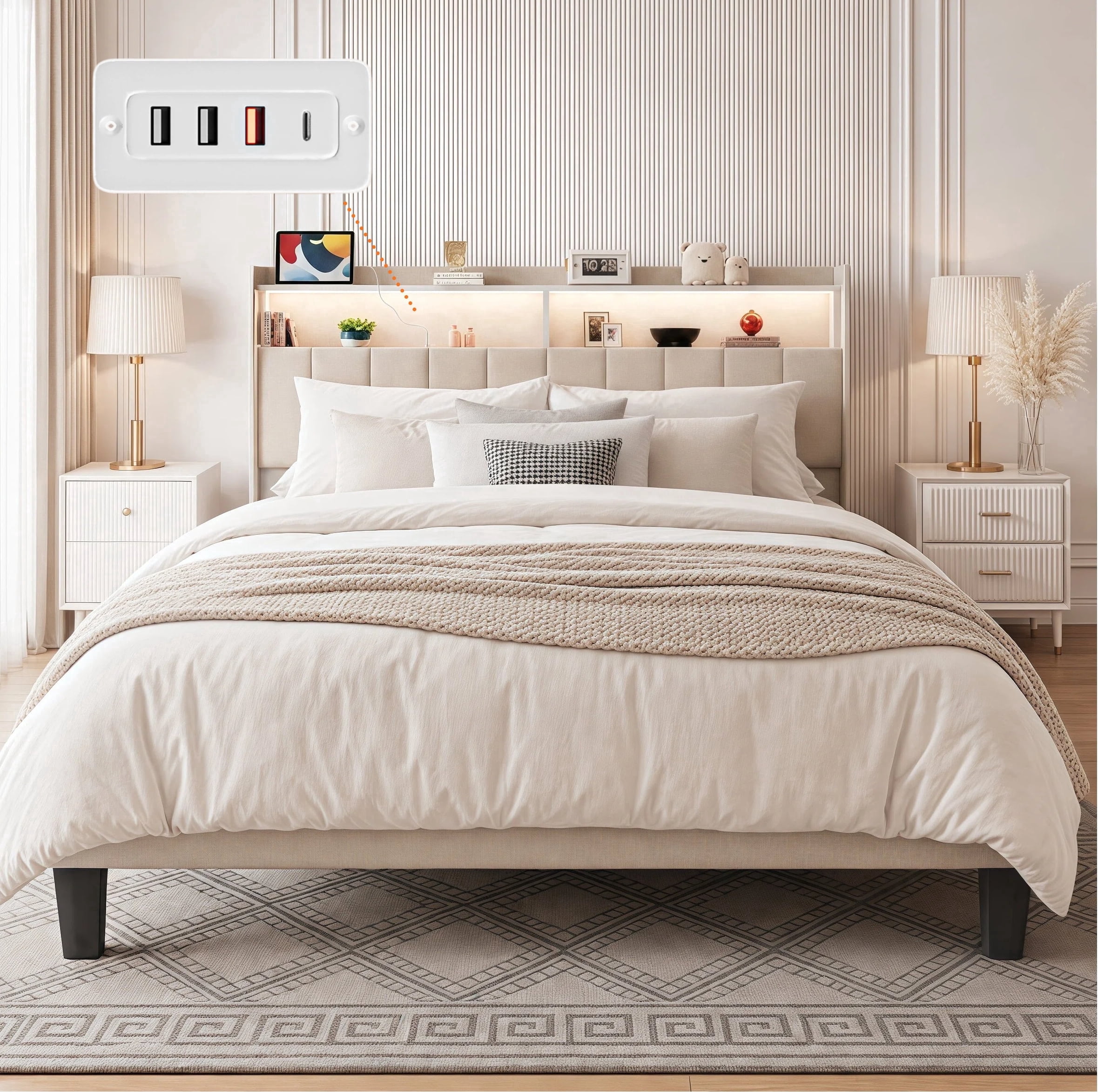 Lofka Queen Bed Frame with Storage LED Headboard & USB C Charging Station, 850 lbs Heavy Duty, Beige