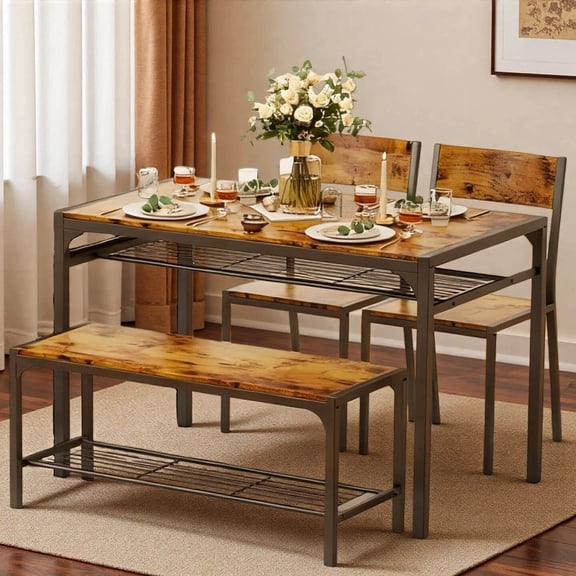 Lofka Kitchen Table Set for 4 with 1 Table & 2 Chairs & 1 Bench, Modern Small Dining Room Set for Small Spaces, Retro