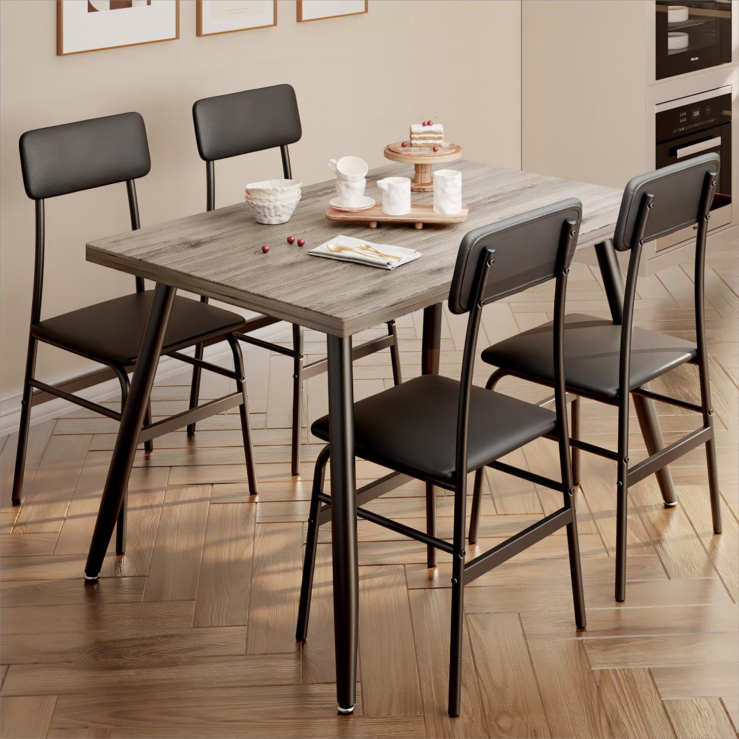 Lofka 5-Piece Dining Table Set for 4, Gray - PU Leather Chairs & Metal ...