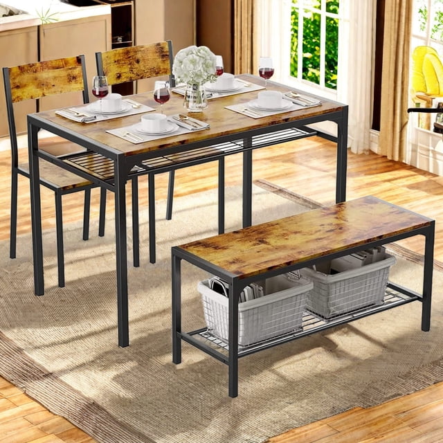 Lofka Retro Wooden Dining Table Set for 4 with Storage Bench Rack for Dining Room & Kitchen