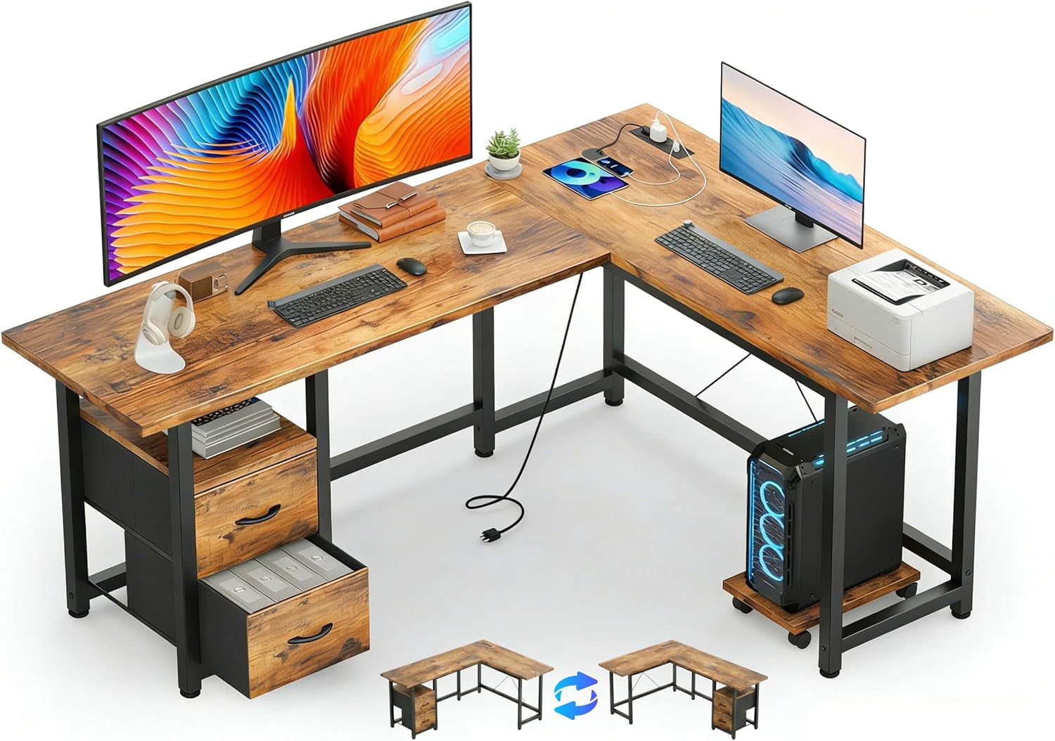 Corner Desk L Shaped，Lofka  66”Gaming Desk with  Charging Ports, Computer Desk with CPU Stand and Monitor Stand for Home Office Dorm, Sturdy, Retro