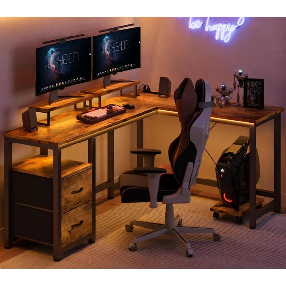 Lofka L Shaped Gaming Desk with Drawers and Power Outlets, Computer Desk with Shelf for Home /Office, Retro(Escritorio para juegos)