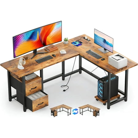 Corner Desk L Shaped,Lofka 66”Gaming Desk with Charging Ports, Computer Desk with CPU Stand and Monitor Stand for Home Office Dorm, Sturdy, Retro