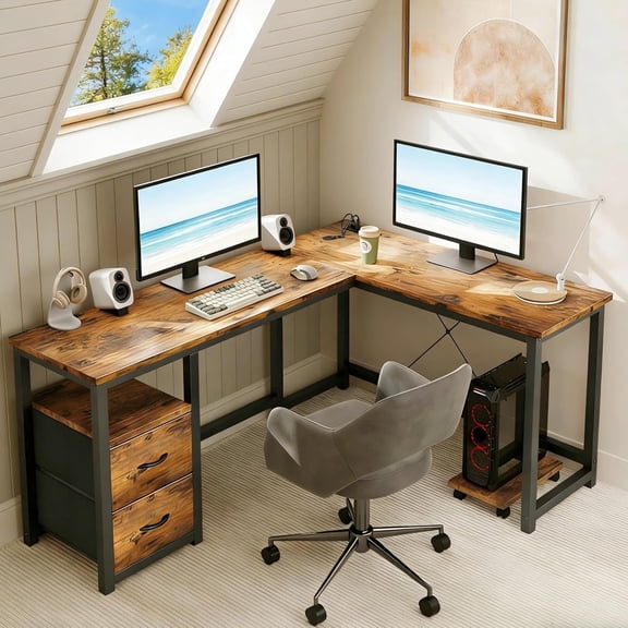 Corner Desk L Shaped,Lofka 66”Gaming Desk with Charging Ports, Computer Desk with CPU Stand and Monitor Stand for Home Office Dorm, Sturdy, Retro