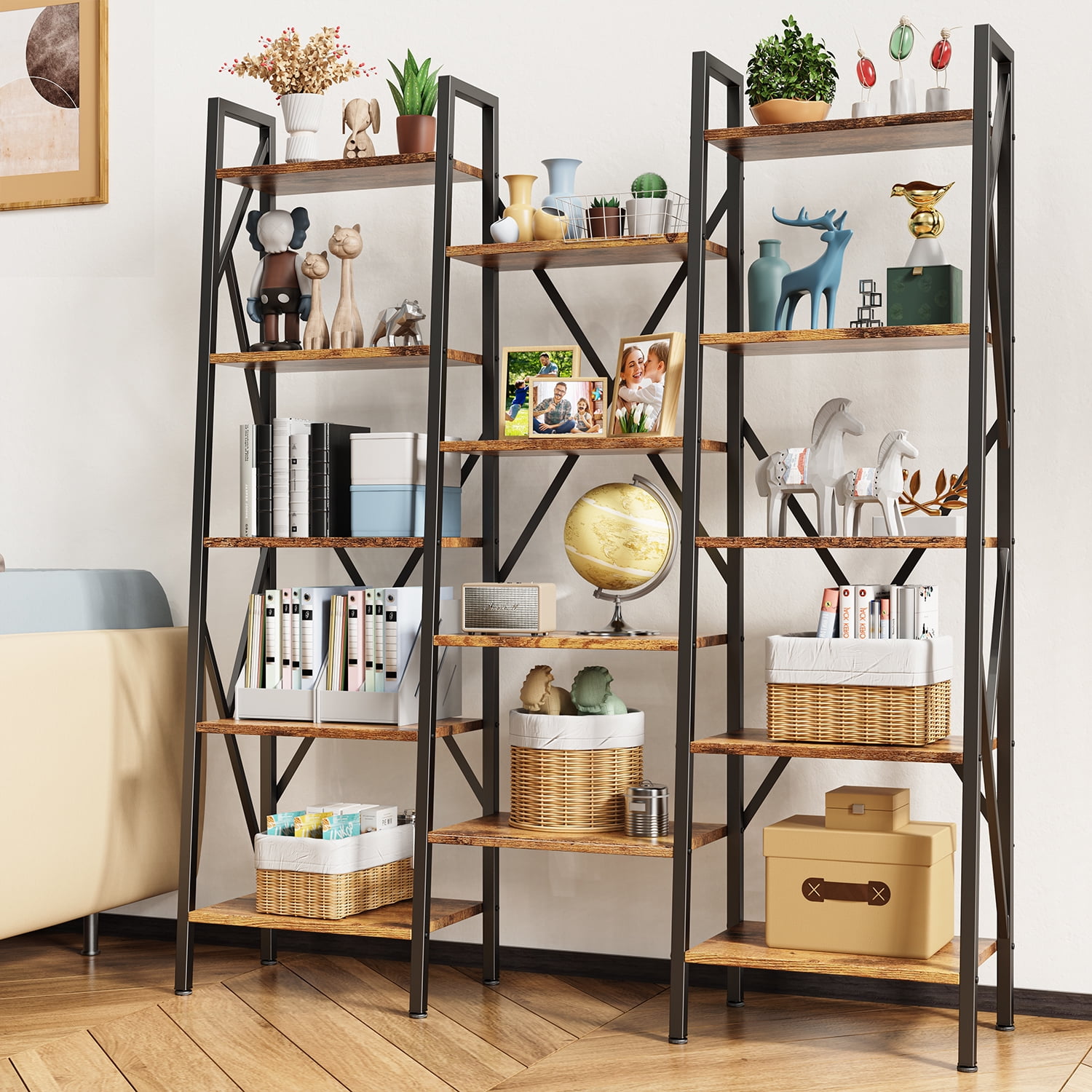 KIVENJAJA Triple Wide 5-Tier Bookshelf, Industrial Display