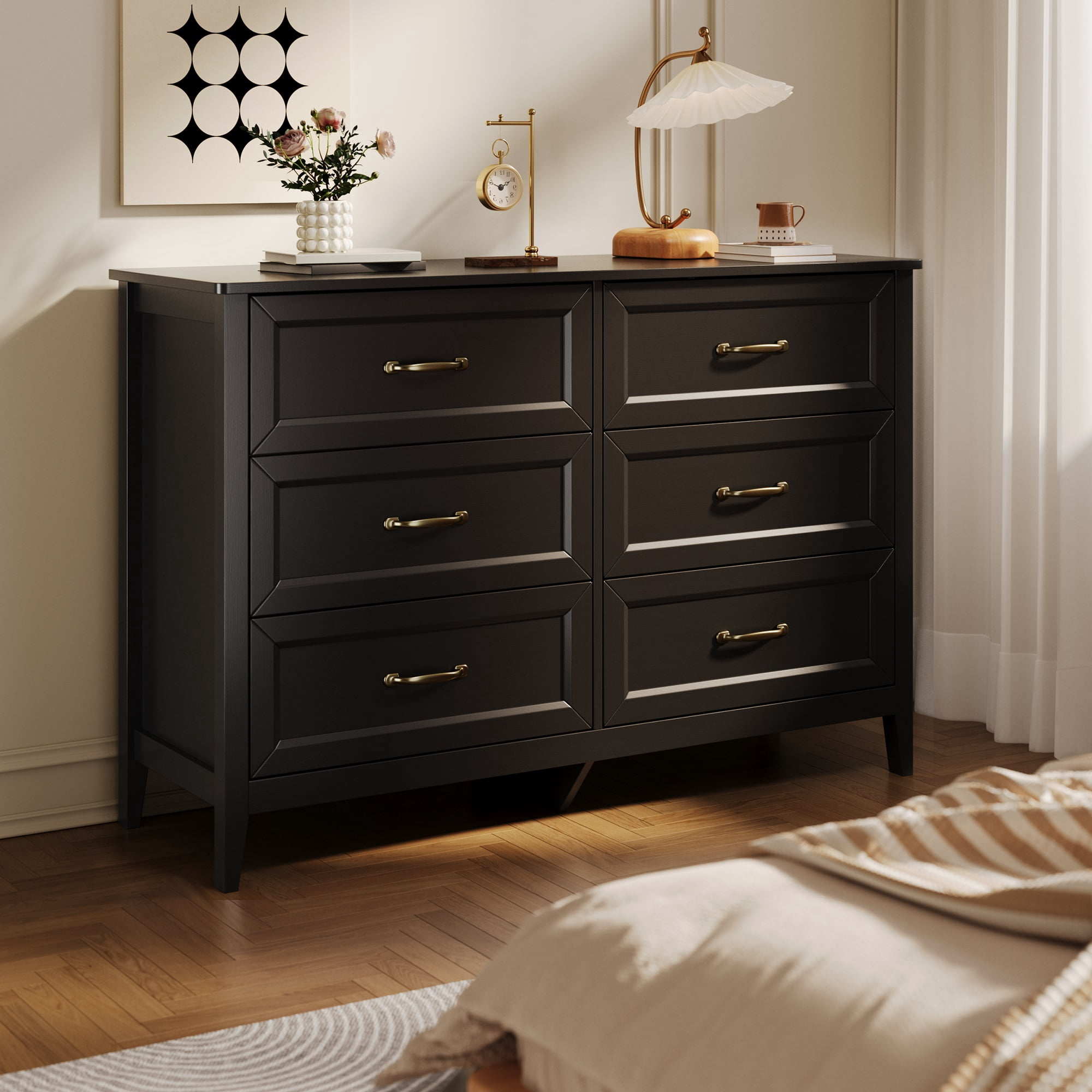 Lofka Dresser for Bedroom with 6 Drawers, Chest of Drawers with Metal Handles for Living Room, Black