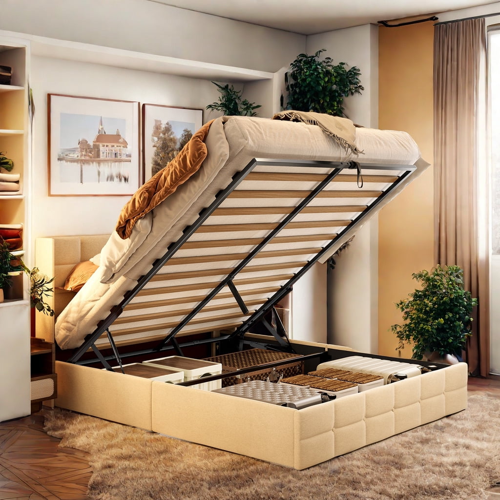 Lift Up  Bed Frame, Full Size Storage Bed Frame, No Box Spring Needed, Light Beige