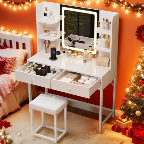 White Vanity Desk, Lofka Makeup Vanity with Mirror and Lights, Dressing Table and Stool with 3 Color Modes & Adjustable Brightness, 2 Drawers & Storage Shelves, for Bedroom