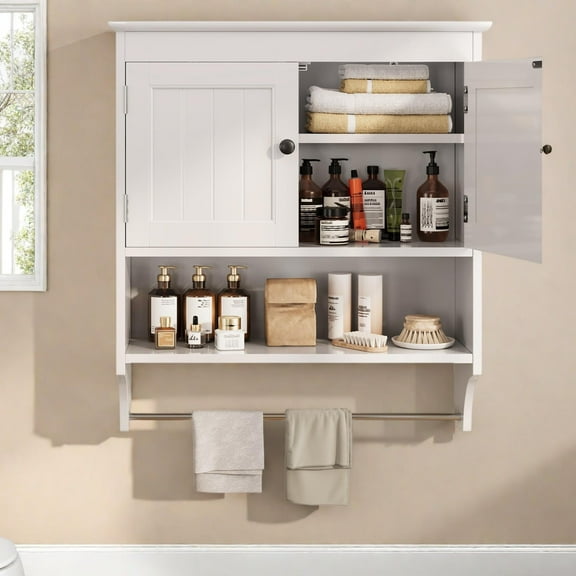 Lofka Bathroom Wall Cabinet, Over the Toilet Storage Cabinet with Double Doors, 1 Adjustable Shelf, 1 Towel Bar, White