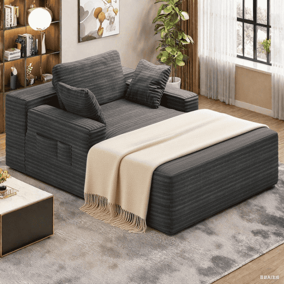 Oversized Chaise Lounge Indoor, Lofka Corduroy Upholstered Sleeper Sofa for Living Room, Dark Gray