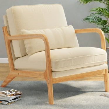 Lofka Mid Century Modern Accent Chair with Pillow Upholstered Lounge Fabric Reading Chair for Living Room, Beige
