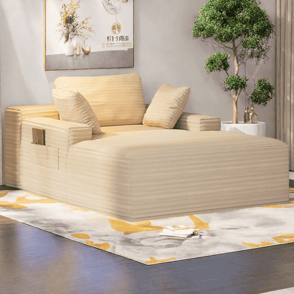 Lofka Oversized Chaise Lounge Indoor, 66"D Corduroy Upholstered Boneless Sofa Bed for Reading on Living Room & Bedroom, No Assembly Required (Beige)