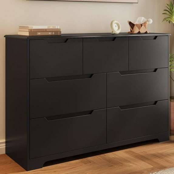 47" Wide Modern Dresser, Lofka 7-Drawer Storage with Thick Top & 14" Deep Drawers (3 Small + 4 Large), Smooth Glide, No-Handle Design, Easy Assembly, Anti-Tip, Black