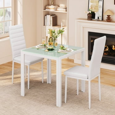 Lofka Modern Glass Dining Kitchen Table set with 2 PU Leather Back Chairs, White