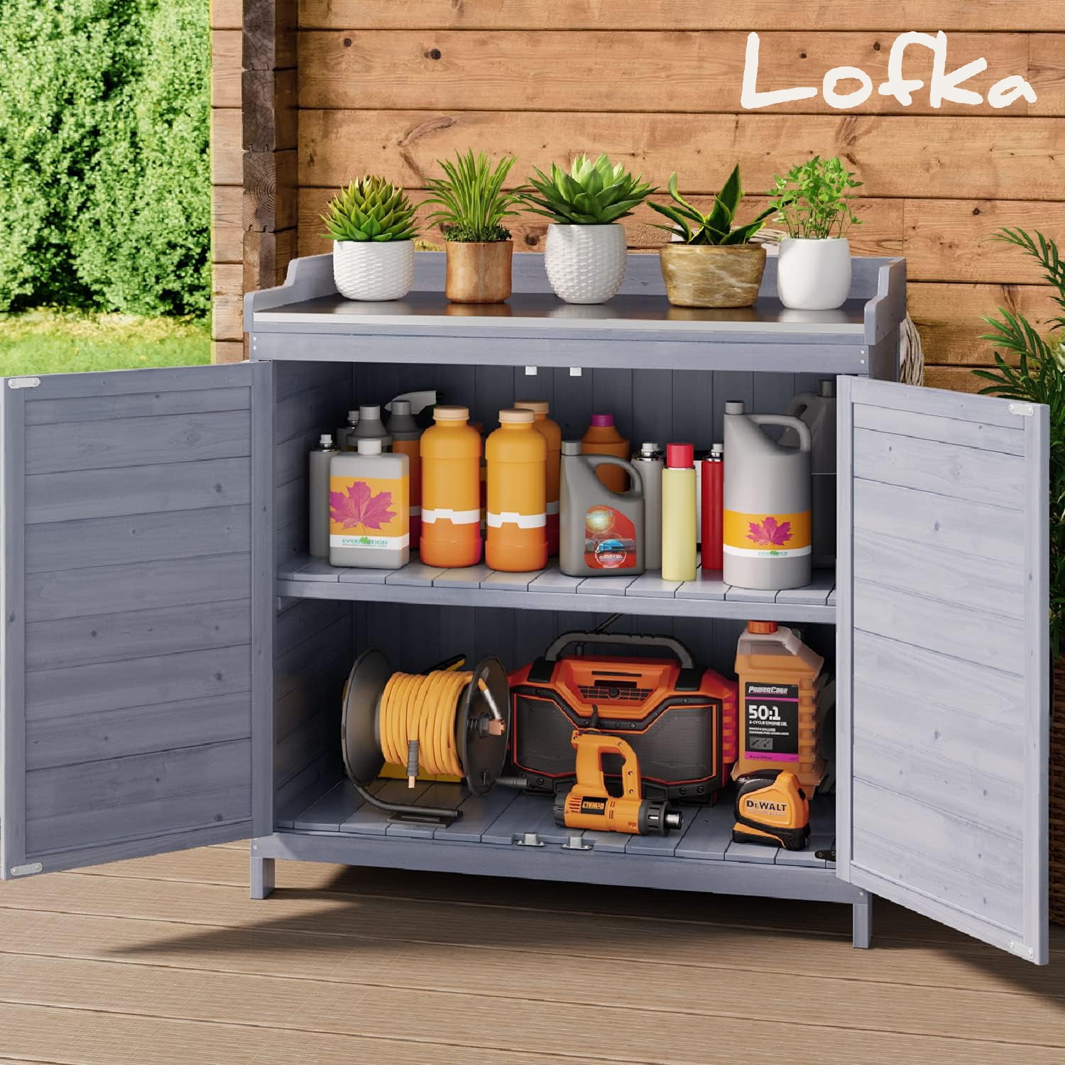 Lofka Outdoor Garden Patio Wooden Storage Cabinet with Potting Benches Gray