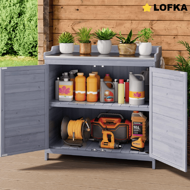Lofka Outdoor Garden Patio Wooden Storage Cabinet with Potting Benches, Gray