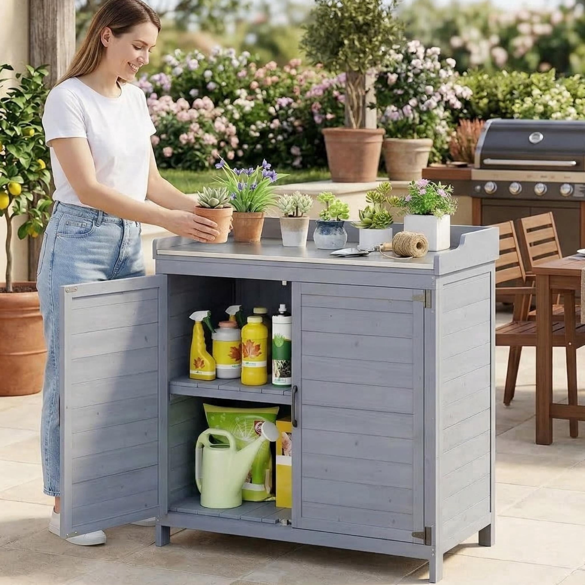 Lofka Outdoor Wooden Storage Cabinet with Potting Bench, Gray, Weatherproof Garden Work Station, Patio Tool Shed for Backyard