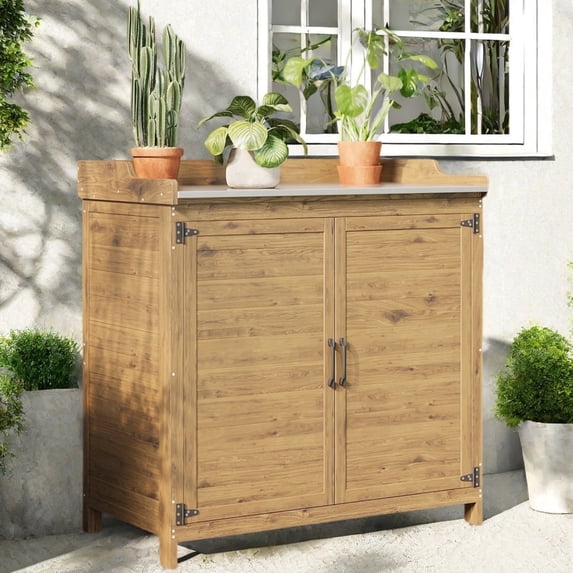 Lofka Outdoor Wooden Storage Cabinet with Potting Bench, Natural Wood Color, Weatherproof Garden Work Station, Patio Tool Shed for Backyard