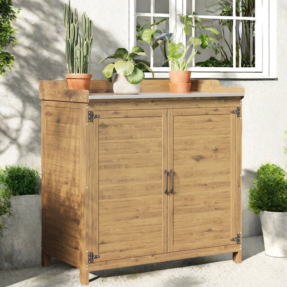Lofka Outdoor Wooden Storage Cabinet with Potting Bench, Natural Wood Color, Weatherproof Garden Work Station, Patio Tool Shed for Backyard