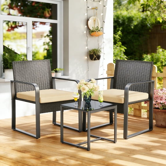 Patio Furniture Set for 3, Lofka All-Weather Outdoor Rattan Conversation Set with Glass Table for Lawn, Poolside, Porch,Yellow