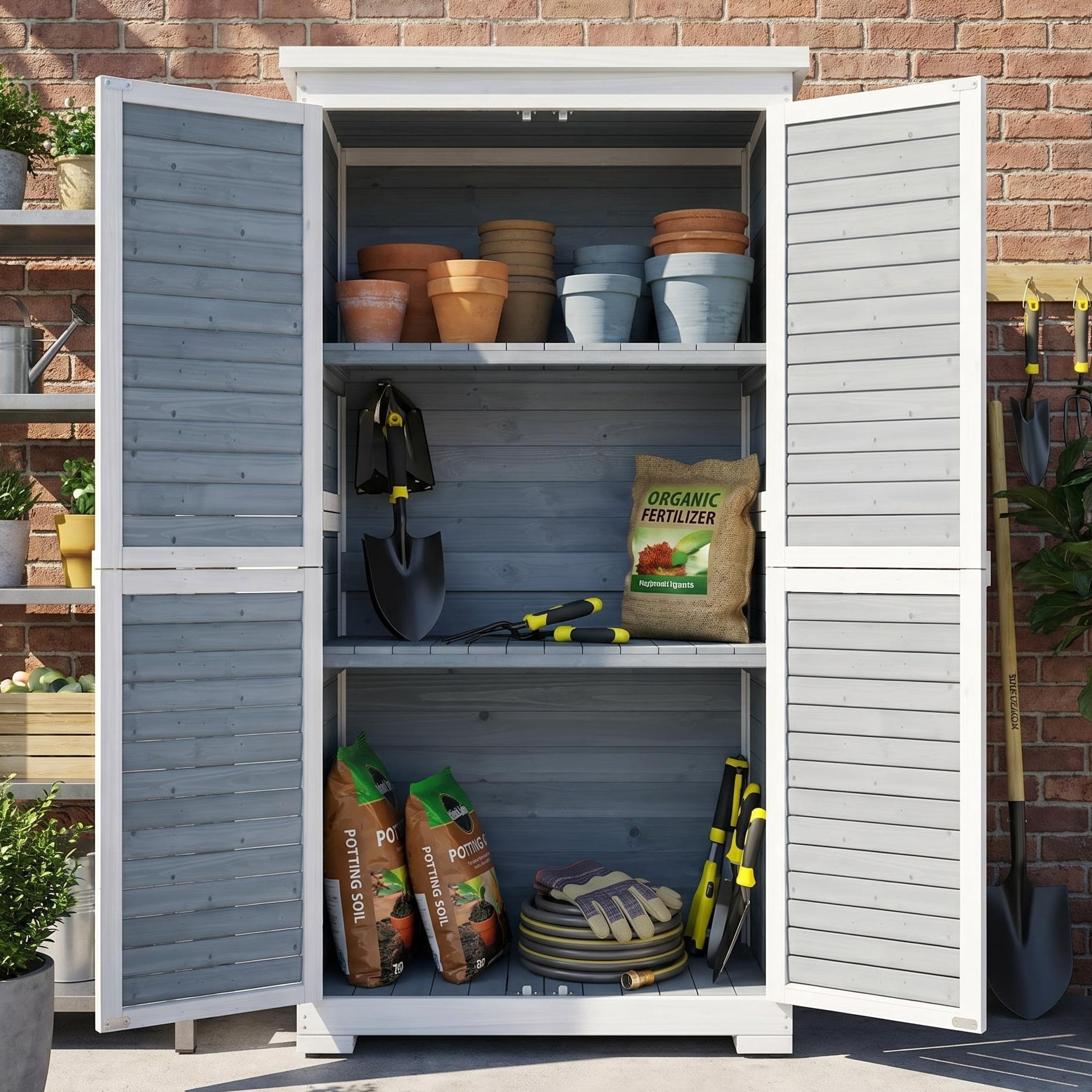 人文 #OUTDOOR Lofka, Outdoor Storage Cabinet, 63in Wooden Garden Tools Shed
