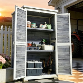 Lofka Outdoor Storage Cabinet with Floor, Vertical Wooden Tool Cabinet with Removable Shelves & Sloped Asphalt Roof for Patio Backyard Garden