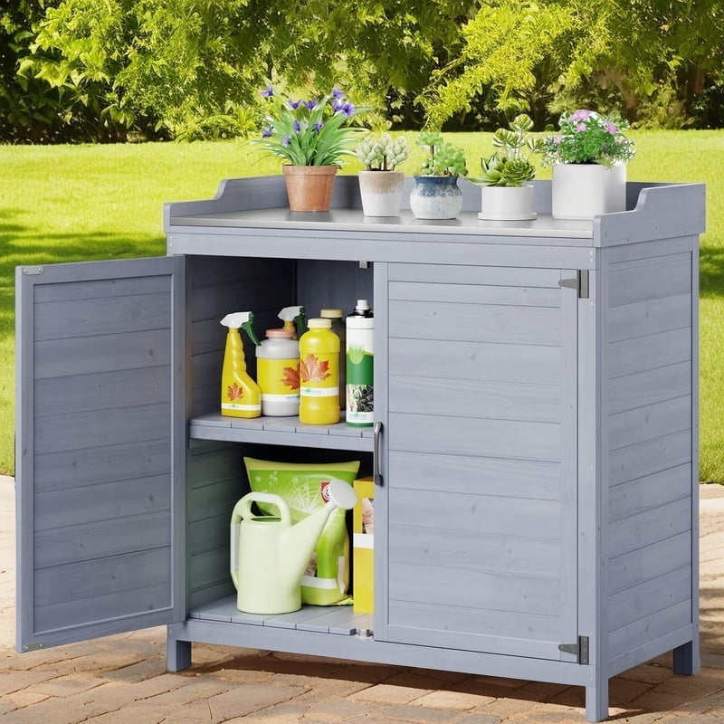 Lofka Outdoor Storage Cabinet, Outdoor Potting Bench Table Waterproof Fir Wood for Yard, Garden, Gray