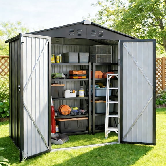 Outdoor Storage Shed 6 x 4 FT, Lofka Galvanized Metal Garden Shed with Double Lockable Doors, Outdoor Shed for Backyard Patio Lawn, Gray