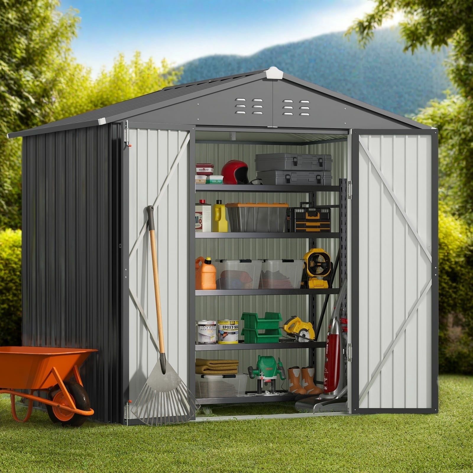 Lofka Outdoor Storage Shed 8 x 6 FT, Galvanized Metal Garden Shed with Double Lockable Doors, Outdoor Storage Clearance for Backyard Patio Lawn- Black