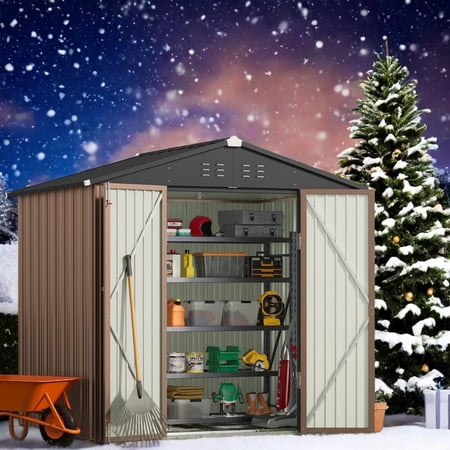 Lofka Outdoor Storage Shed 8 x 6 FT, Galvanized Metal Garden Shed with Double Lockable Doors, Outdoor Storage Clearance for Backyard Patio Lawn- Brown