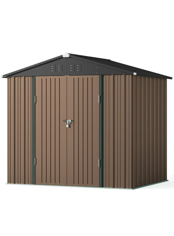 Lofka Outdoor Storage Shed with Double Lockable Doors, 8x6" Metal Garden Shed with Transparent Panel Windows for Patio & Lawn, Brown