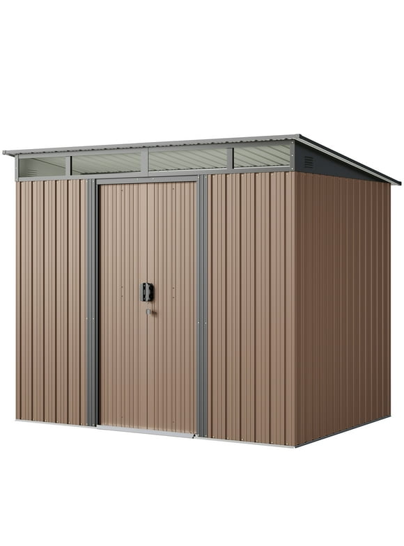 Lofka Outdoor Storage Shed with Sliding Doors, 8x6" Metal Garden Shed with Transparent Panel Windows for Patio & Lawn, Brown