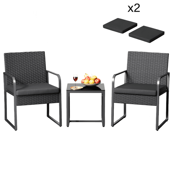 Lofka Patio Furniture Outdoor Conversation Set with Tempered Glass Coffee Table and 2 Seats for Porch | Bistro | Balcony, Black Cushion