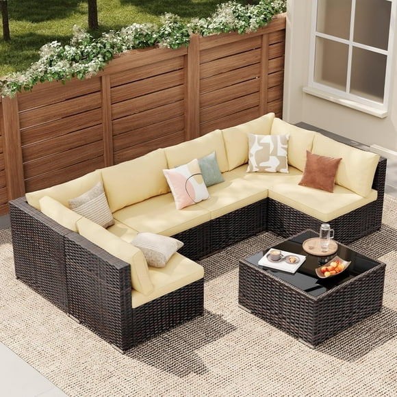 Lofka Patio Furniture Set 7-Piece Outdoor Seating Sofa Set with Glass Coffee Table, Beige