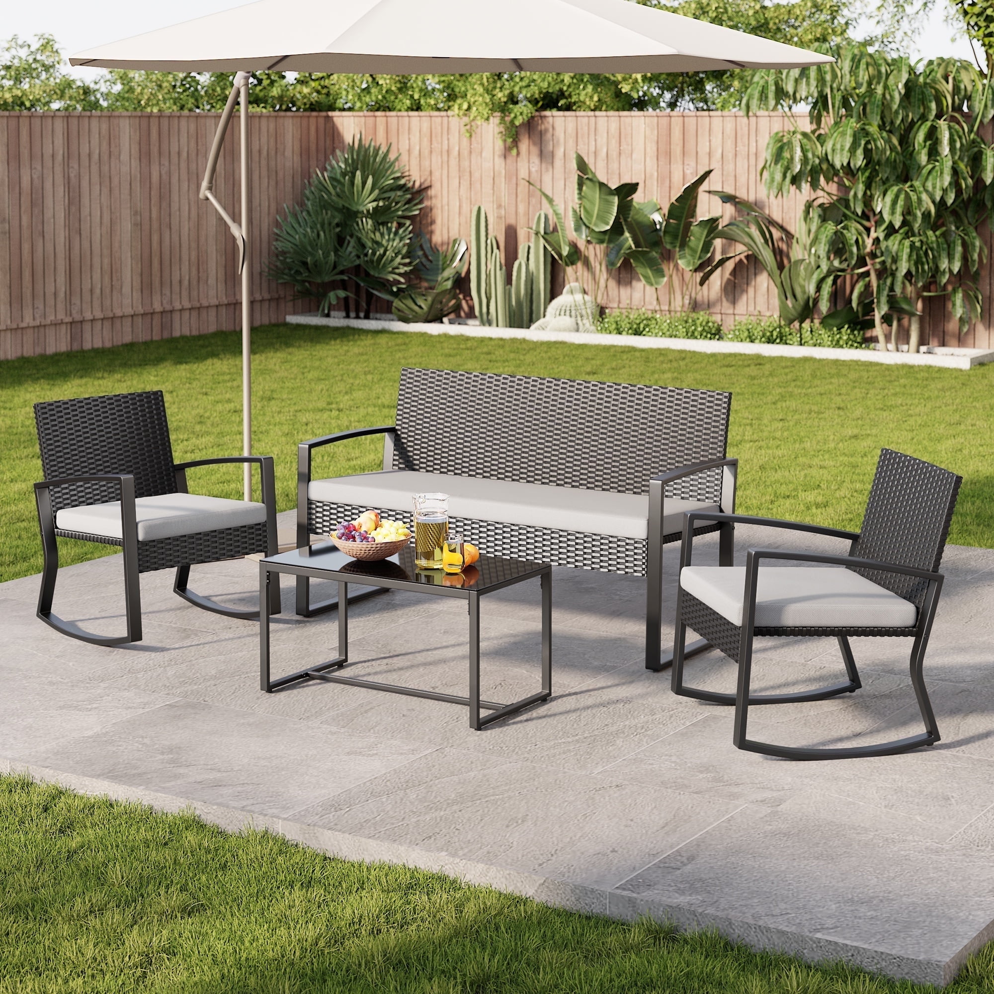 Lofka Modern Metal Loveseat Patio Furniture Set, 4-Piece Outdoor Sectional with Coffee Table, Gray