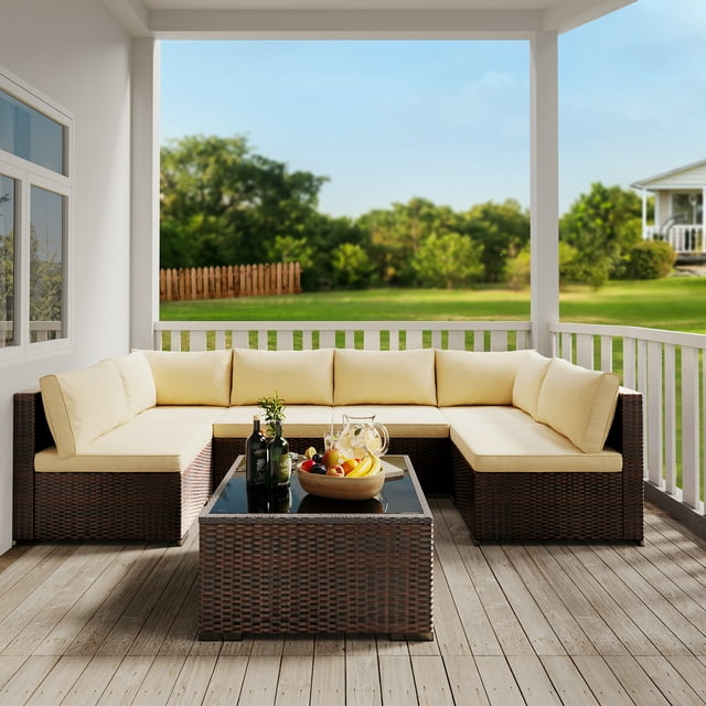 Lofka 7 Piece Outdoor Patio Rattan Sectional Sofa Set