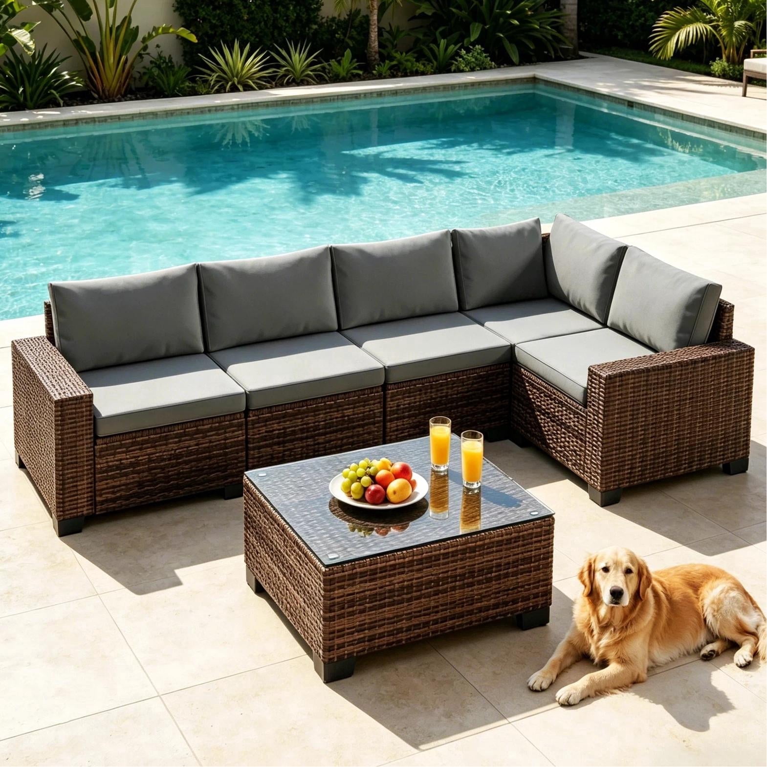 Lofka 6-Piece Outdoor Patio Furniture Set, L-Shape PE Rattan Modular Sectional with Thick All-Weather Cushions, Removable Covers, for Deck