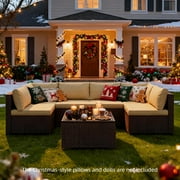 Lofka Patio Furniture Set, Outdoor Sectional Furniture Sofa Set with Tempered Glass Table for Garden|Backyard|Poolside, Beige Cushions