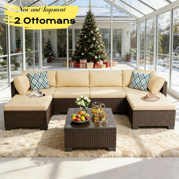 Patio Furniture Set, Lofka 7 Pcs Outdoor Conversation Set with Coffee Table, Rattan Chairs & Ottomans for Garden | Backyard | Poolside, Beige Cushions