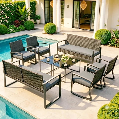 Patio Furniture Set, Lofka 8-Piece Outdoor Conversation Set with Rocking Chairs & Spill-Resistant Removable Cushions for Lawn Pool Deck, Gray