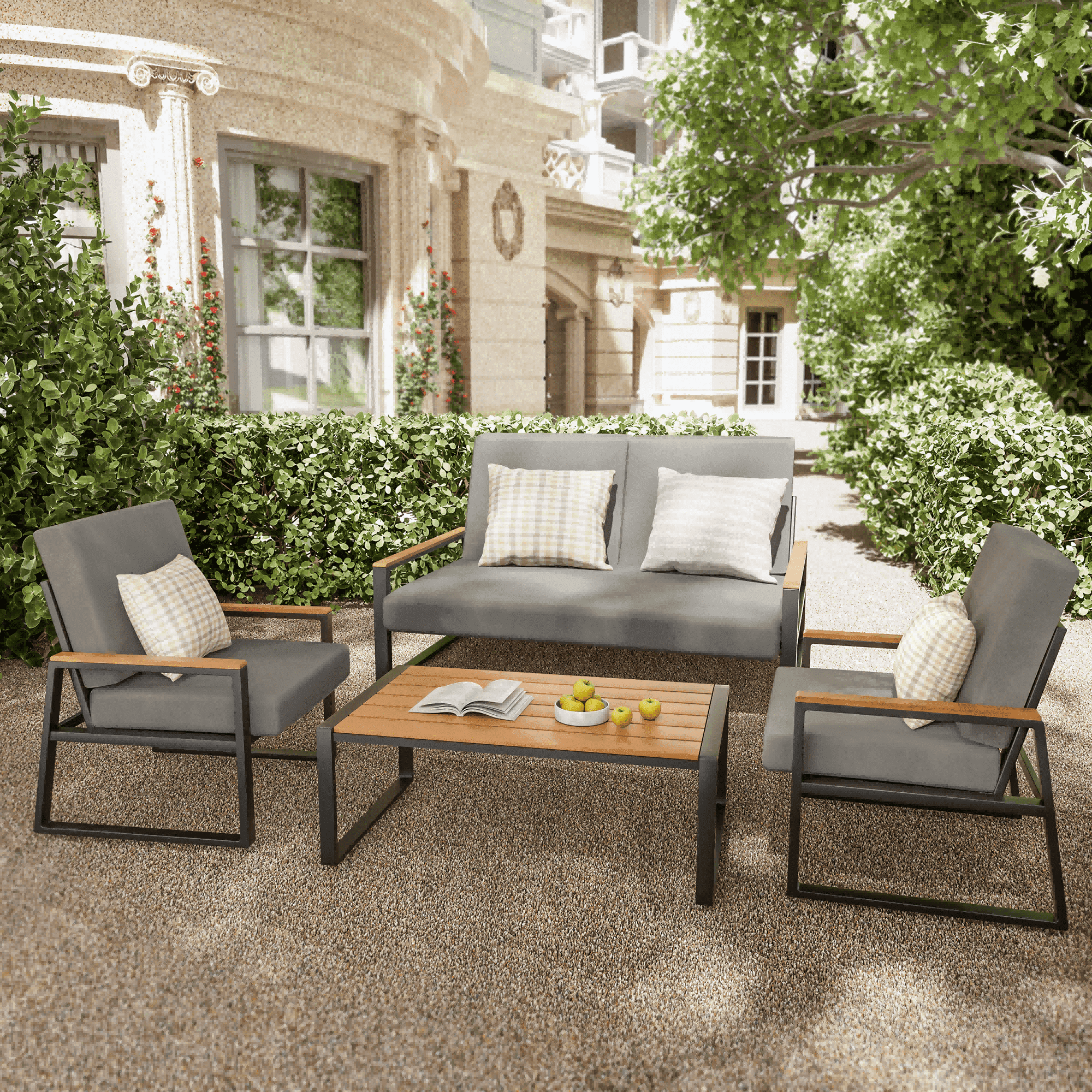 Lofka Modern 4-Piece Patio Furniture Set: Iron Chairs Wood Table