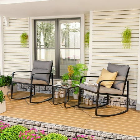 Lofka Patio Furniture Set with Tea Table, 3 Pieces Metal Outdoor Rocking Chairs Set for Porch & Garden, Gray Cushion