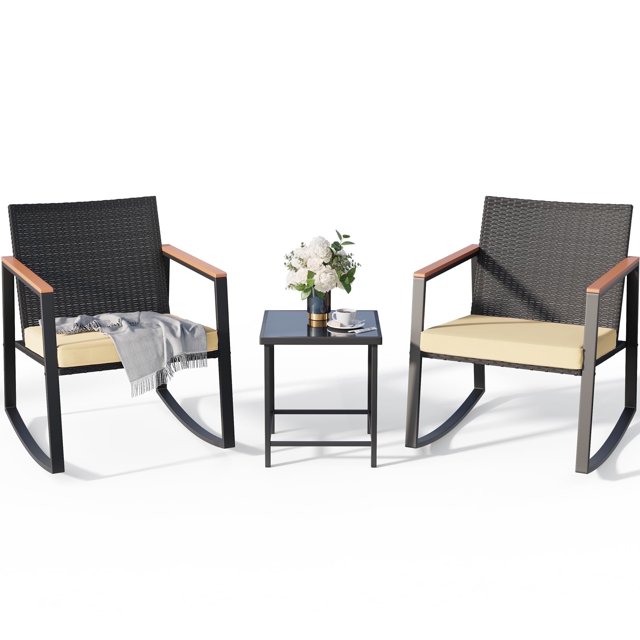 Lofka Patio Furniture Set with Tea Table, 3 Pieces Outdoor Wicker Rocking Chairs Set with Wooden Arm for Porch & Garden, Beige Cushion