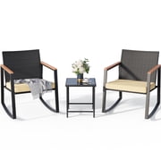 Lofka Patio Furniture Set with Tea Table, 3 Pieces Outdoor Wicker Rocking Chairs Set with Wooden Arm for Porch & Garden, Beige Cushion